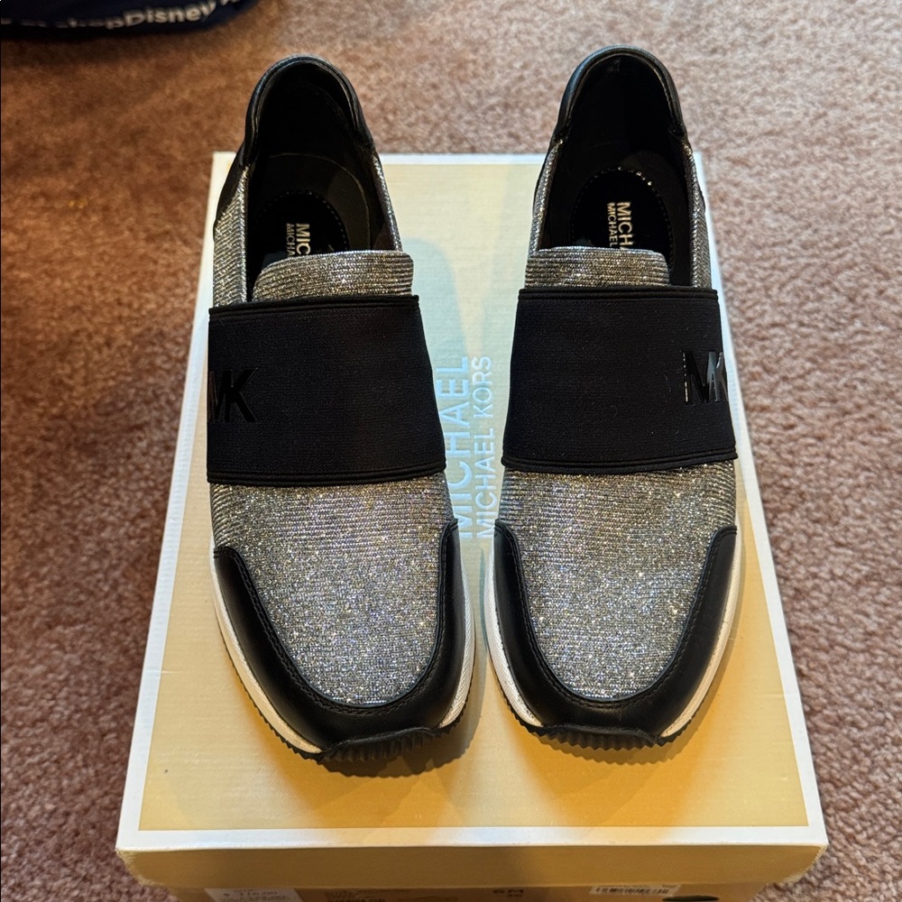 Michael Kors Glitter Silver and Black Slip-On Sneakers